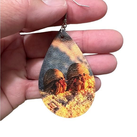 Leather Teardrop Shaped Hermit Crab Print Earrings - Picture 3 of 6